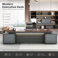 Bureau de direction moderne avec chargeur sans fil et éclairage LED, table de patron en noyer de luxe pour bureau de PDG, poste de travail de directeur