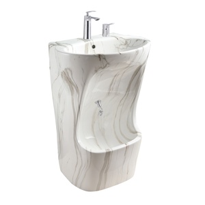 Lavabo Moderno Doppio per Bagno in Ceramica Bianca con Piedistallo e Top in Marmo Dorato, Lavabo Musulmano Wudu - Product Image 6