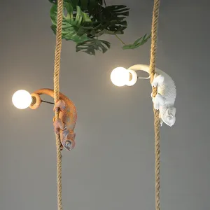 树脂白色变色龙吊灯客厅麻绳吊灯艺术书房发光二极管蜥蜴动物灯具