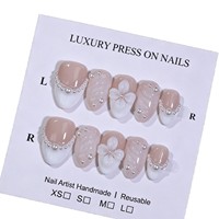 10 pièces/boîte – Faux ongles en résine faits main, forme amande, style français, courts, avec accents de perles 3D, finition rose nude douce, parfaits