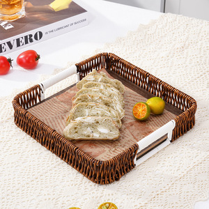 Bandeja <span class=keywords><strong>de</strong></span> Servir <span class=keywords><strong>de</strong></span> Ratán Sintético Tejido <span class=keywords><strong>a</strong></span> Mano con Base <span class=keywords><strong>de</strong></span> Madera, Organizador Multiusos Ecológico para Restaurante y Hogar - Product Image 5