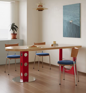 Tavolo da Pranzo con Piano in Legno Massello Stile Memphis, Tavolo Ovale con Base in Metallo Colorato Creativo, Arredamento Moderno per Sala da Pranzo - Product Image 2