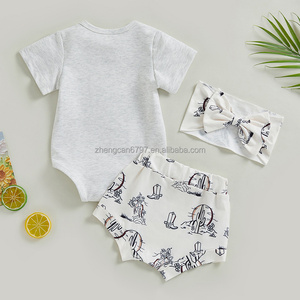 Conjunto de pantalones cortos gráficos infantiles de verano, traje de mameluco con lazo y manga corta, estilo <span class=keywords><strong>vaquero</strong></span> occidental para bebés, 3 uds. - Product Image 3