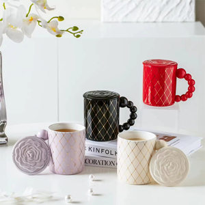 Nordic Camellia Pearl Handle Mug Lid Spoon 400ml Capacity Dishwasher Microwave Safe Customized Color Cartoon Pattern Ceramic - Product Image 5