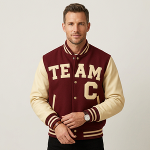Team C Varsity <b>Jacket</b> <b>Men's</b> Maroon Cream <b>Leather</b> Sleeve Embroidered Letter Front Button Closure Preppy Style Autumn Wear - Product Image 2
