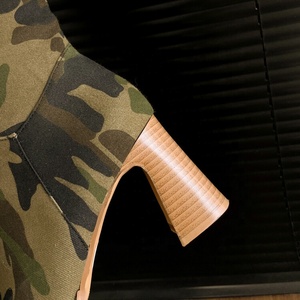 Green Camouflage Women's Knee-high Chunky Heel Boots Square Toe Loose Shaft Wide Fit Long Booties Denim Fabric <b>Shoes</b> - Product Image 6