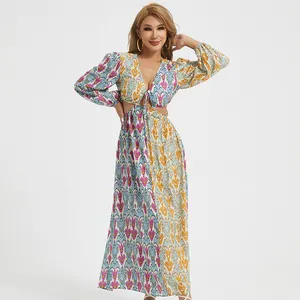 2024 Custom Women's Bohemian Dress Breathable Midi Casual Style With Contrast Color Geometric Pattern Hollow Out Decoration