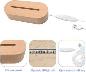 Lampe de chevet 3D en acrylique avec base en bois et résine, LED USB 7 couleurs, vente en gros, best-seller - Product Image 2