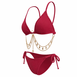 Plunge <b>Bikini</b> Swimsuit <b>Set</b> Ribbed <b>Triangle</b> Bra Thong Beachwear for Women - Product Image 1