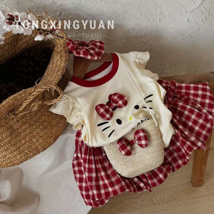 Cute Cartoon Kitty Cat Outfit For Girls Summer Style Cotton Top Plaid Skirt Set - Product Image 5