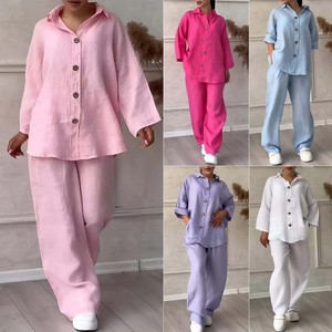 Ensemble 2 pièces pour femmes d'été, <span class=keywords><strong>grande</strong></span> <span class=keywords><strong>taille</strong></span>, chemise en coton et lin, pantalon ample <span class=keywords><strong>taille</strong></span> haute - Product Image 1