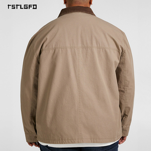 <b>Men</b> Khaki Utility Zip <b>Jacket</b> With Corduroy Collar Multi Pocket Workwear Coat Casual Vintage Outerwear For Autumn Winter Season - Product Image 4
