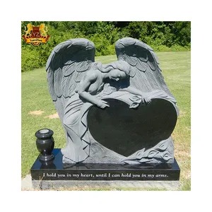 Customized Memorial Grave Upright American Style Granite Tombstone Cross Design Tree Carving Black Granite Headstone