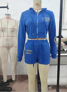 Pakaian jalanan Musim Semi sweatsuit bertudung pendek 2024 jaket Crop lengan panjang dua potong pakaian XS-XL wanita Set celana pendek Jogger olahraga