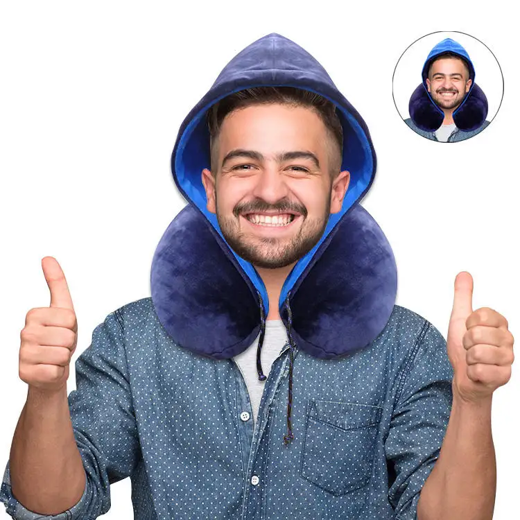 Own Factory Custom Logo Packaging Portable High Support Memory Foam Travel Pillow with Hoodie Airplane U Shaped Neck Pillow