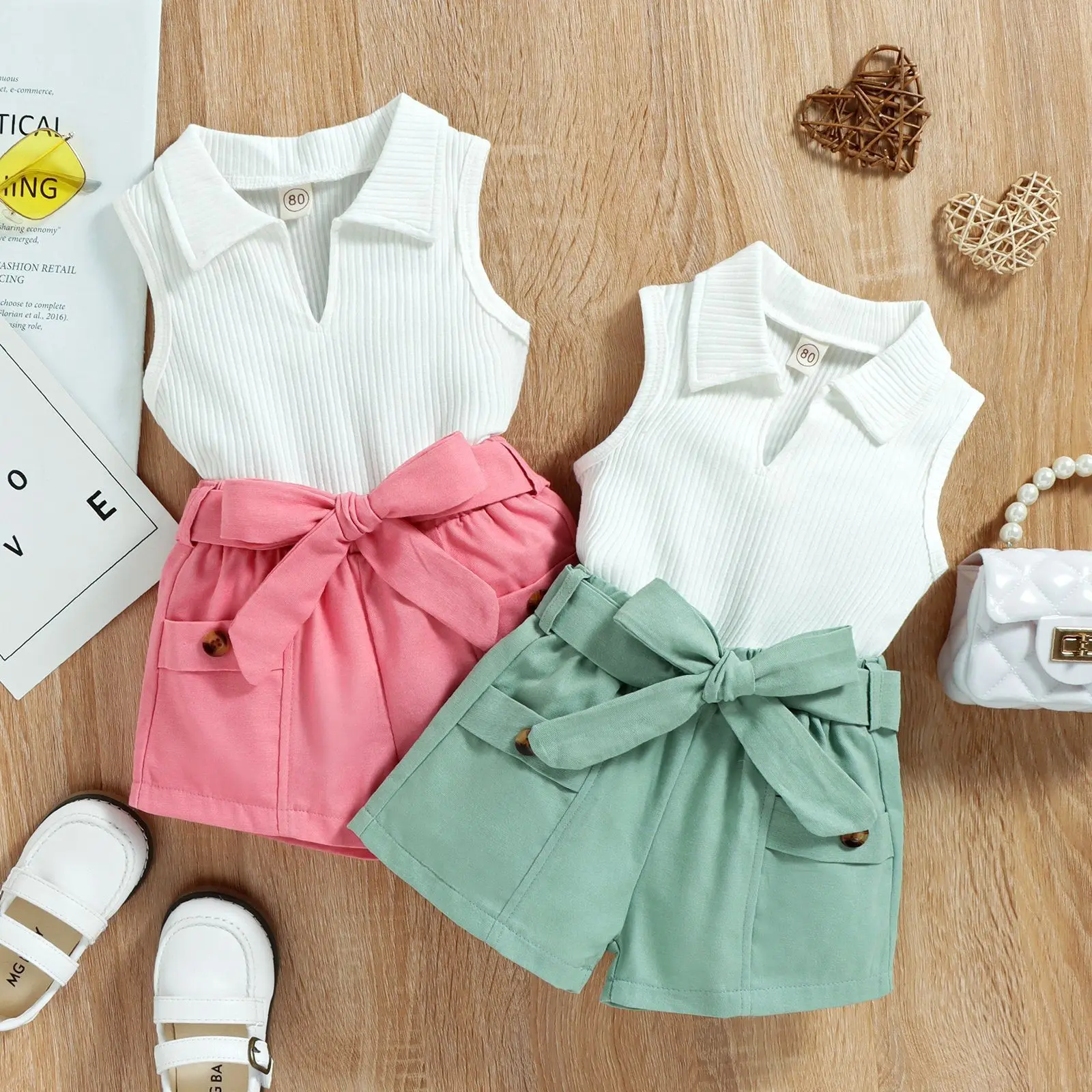 2022 Kids Girls Summer Sets Baby Solid Color Sleeveless Lapel Ribbed Tops Short 2PCS Casual Outfits Children Clothes