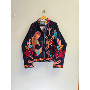 Chaqueta de terciopelo bordada con cremallera para mujer, con estampado floral y cuello alto, abrigo de invierno de diseño vintage - Product Image 1