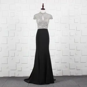 Black Color High Neck short Sleeve Heavy Beaded Trumpet 2019 Real Sample Long Women's Evening Dresses Custom Made Party Gowns