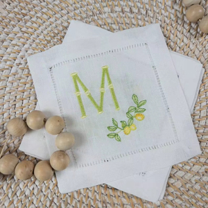 Serviette de cocktail en lin personnalisée brodée de citrons blancs, monogramme, 6"x6" - Product Image 1
