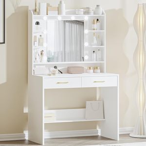 Table de maquillage avec <span class=keywords><strong>miroir</strong></span> et éclairage <span class=keywords><strong>LED</strong></span>, bureau de toilette à luminosité réglable, table de toilette avec étagères et 2 tiroirs - Product Image 1