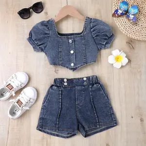 New style Spring Autumn girls denim irregular tops with puffy sleeves and denim shorts with multiple buttons