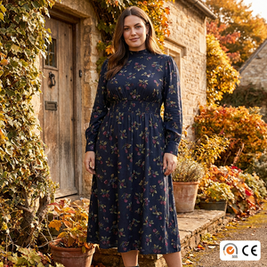 <span class=keywords><strong>Robe</strong></span> Vintage Florale Cotswolds Personnalisée pour <span class=keywords><strong>Femme</strong></span>, Imprimé Mûre Bleu Foncé, Manches Longues, Longueur Midi, Tissée Numérique, Grandes Tailles S à 5X - Product Image 1
