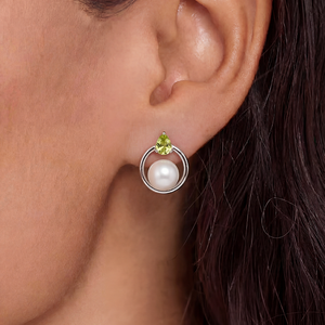 Boucles d'oreilles créoles rondes en cuivre plaqué argent avec péridot vert et zircon cubique, et clous d'oreilles en perle blanche pour femme, bijoux en perles et zircon en forme de poire, cadeau - Product Image 3