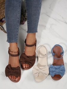 Sandales plates pour femmes avec nœud décoratif, bride élastique à la cheville, bout ouvert, sandales décontractées d'été pour femmes - Product Image 1