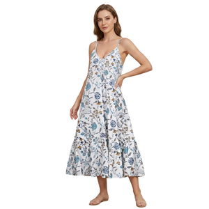 Women's Floral Print Spaghetti Strap Midi Bodycon Loose Cotton Casual Summer Dress Ruffles Natural Waistline Woven Breathable - Product Image 1