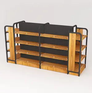 बिक्री के लिए नई डिजाइन किराना गोंडोला डिस्प्ले शेल्फ लकड़ी अनाज सुपरमार्केट शेल्विंग