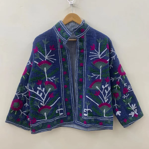 Bleu fait à la main Suzani TNT veste courte manteau hiver Boho veste broderie à la main veste pour femmes cadeau pour son manteau court - Product Image 1