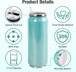 17 oz Sublimation Glitter Tumblers Cans Stainless Steel Sublimation Blanks Tumblers <b>Double</b> <b>Wall</b> Insulated Sublimation Cups - Product Image 3