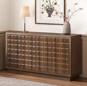 Armoire de rangement en bois moderne et portable à 4 portes avec portes géométriques 3D pour salon, cuisine ou bureau à domicile - Product Image 1