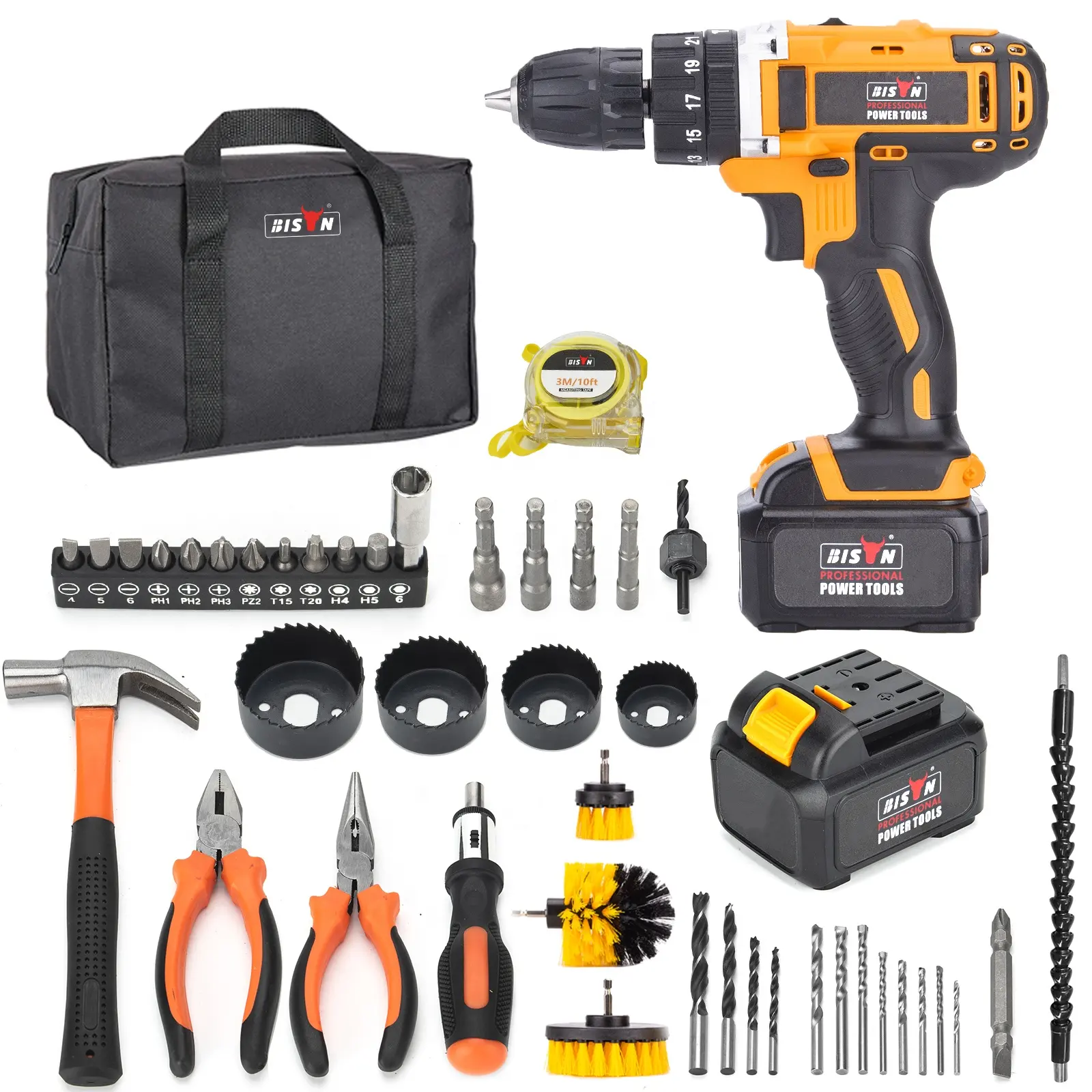 BISON Industrial Drilling Machine Electric Drill Machine Set Woodworking Power Tool Cordless Drill