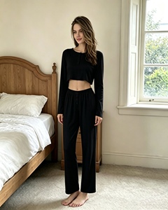 Glamour Custom Women's Pajamas Set Eco Friendly Modal Loungewear Knit Long Sleeve Sleepwear Cotton Leisure <strong>Crop</strong> Top <strong>Pyjamas</strong> - Product Image 5