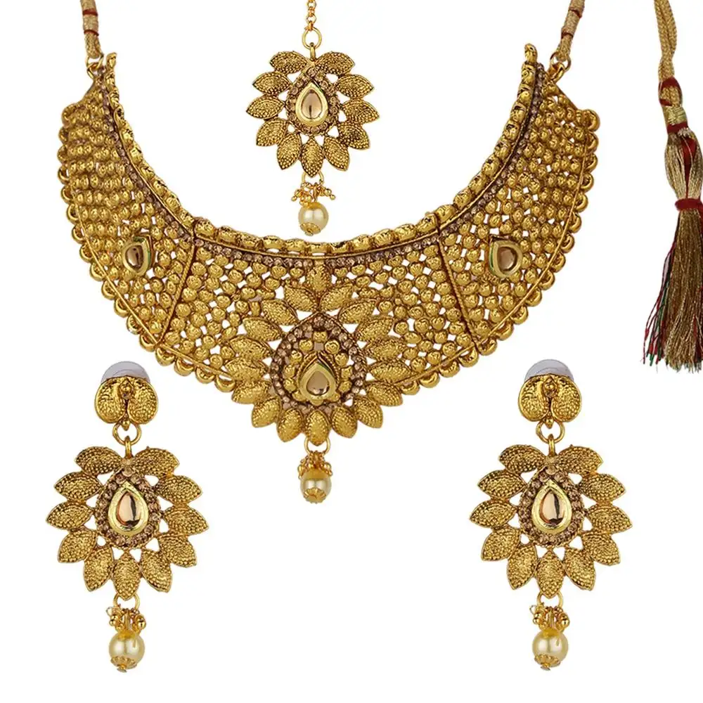 Collana Orecchini Da Sposa Set di Gioielli Da Sposa Indiana Antico tempio gioielli in oro con disegno floreale