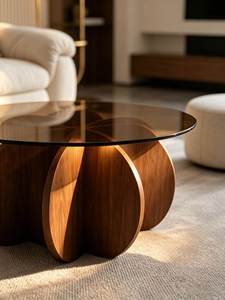 NKAHS Durable Modern Light Luxury Round Glass Coffee <b>Table</b> with Wood Frame Creative French Vintage Design Living Room Furniture - Product Image 3