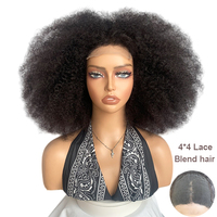 Perruque Lace Frontale 4x4 Transparente Afro Kinky Curly Sans Colle Brésilienne de 18 Pouces, Cheveux Humains Mélangés, Prix d'Usine en Gros