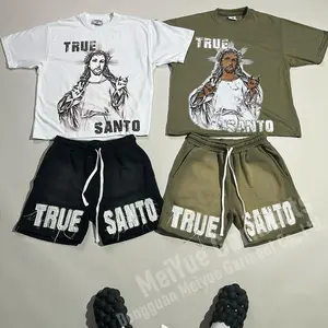 Custom Streetwear Applique Boxy Heavyweight Two Piece Shorts Set Screen Printing Tee Distressed Patch T Shirt And Shorts Set