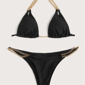 ชุดบิกินี่ผู้หญิงแบบใหม่ ผ้าเมทัลลิกสีพื้น ชุดว่ายน้ำสองชิ้นแบบไหล่เดียว บราดันทรง แห้งเร็ว สายวีเซ็กซี่ - Product Image 3