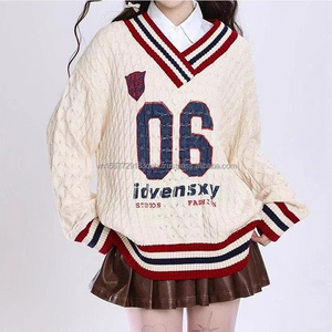 Suéter de punto grueso estilo preppy vintage con bloques de color y cuello en V grande para mujer, diseño holgado y casual con hombros descubiertos para otoño - Product Image 2