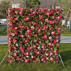 Cenários de parede de flores de hortênsia 5D artificial vermelho rosa 8ft x 8ft para decoração de casamento