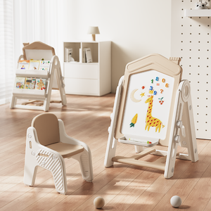 Cute Multifuncional Kids Sketchpad Caballete Juego de tablero de pintura Tablero de dibujo de plástico y sillas para jardín de infantes - Product Image 1
