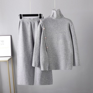 Blubelle 2025 Winter New Casual Women's Turtleneck Solid <strong>Knitted</strong> Button Woven 2-Piece Set Split <strong>Hem</strong> <strong>Sweater</strong> + Wide-Leg Pants - Product Image 2