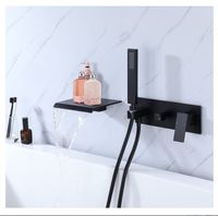 Robinet mélangeur de lavabo de luxe en laiton noir et acier inoxydable, monocommande, mural, avec cascade, barre de douche coulissante et douchette à main