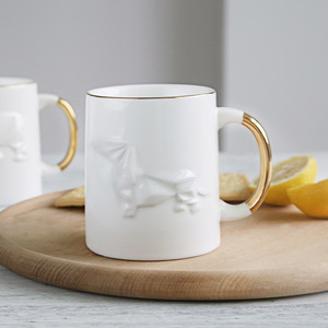 Mug à café en céramique blanche gaufrée de luxe avec poignée plaquée or, mug à thé pour la vaisselle de café et de restaurant - Product Image 3