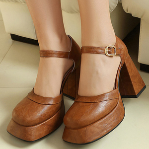 Escarpins à talons épais pour femmes, sandales à découpes avec boucles à la cheville, chaussures de soirée à plateforme épaisse et bout rond - Product Image 4