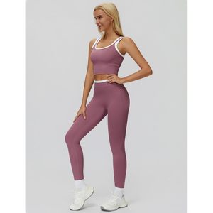 Ensemble de sport deux pièces pour femme : Crop top dos nageur et leggings taille haute, tenue de gym et yoga sans coutures avec bordure contrastante - Product Image 2