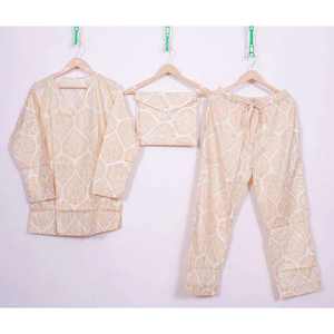 Ensemble de pyjama pour femme en coton tissé à motifs floraux ethniques, col en V, taille élastique, imprimé à la main, respirant, léger, robe d'automne - Product Image 6