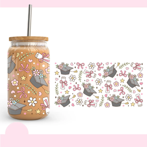 Blooming Bow Bliss - Envoltura Personalizada para Vasos de Vidrio de 16 oz, Diseño de Ramo Floral Rosa con Cinta, para Impresión Digital UV DTF - Product Image 3
